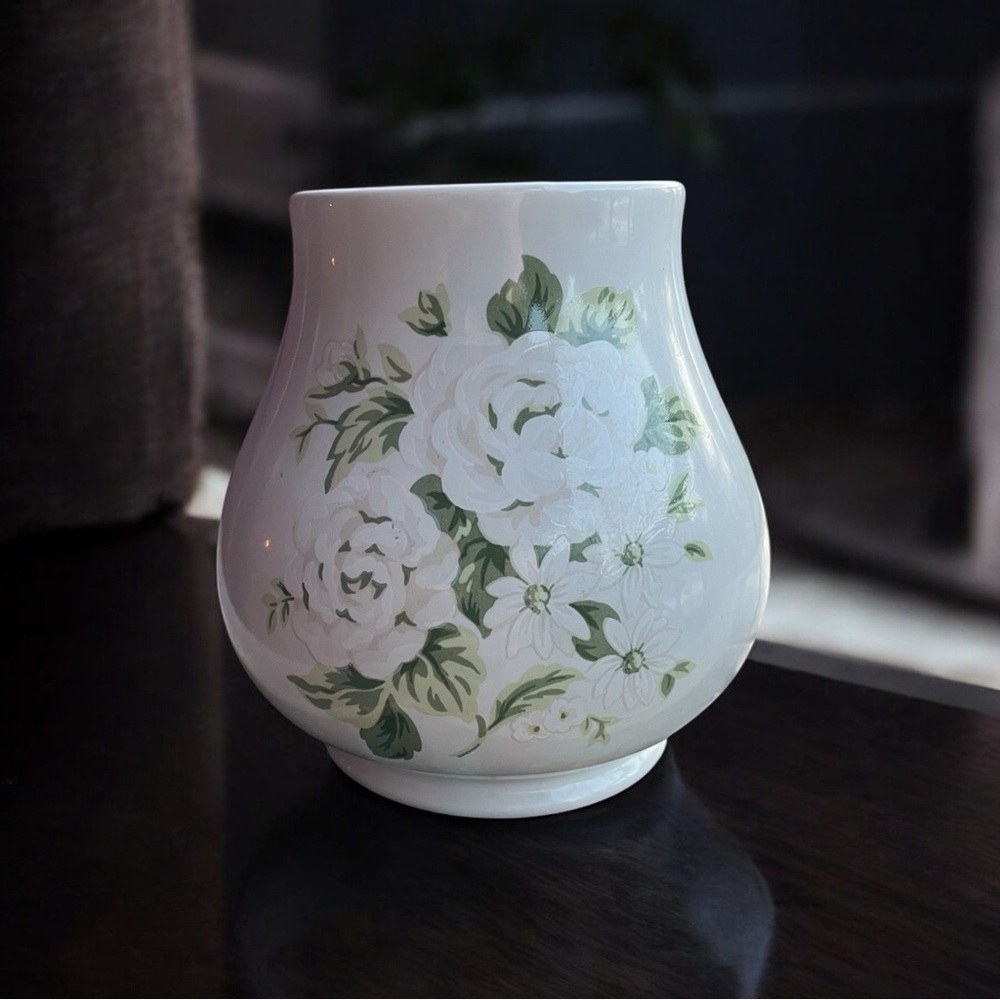 White Ceramic Vase with Green Floral Design
